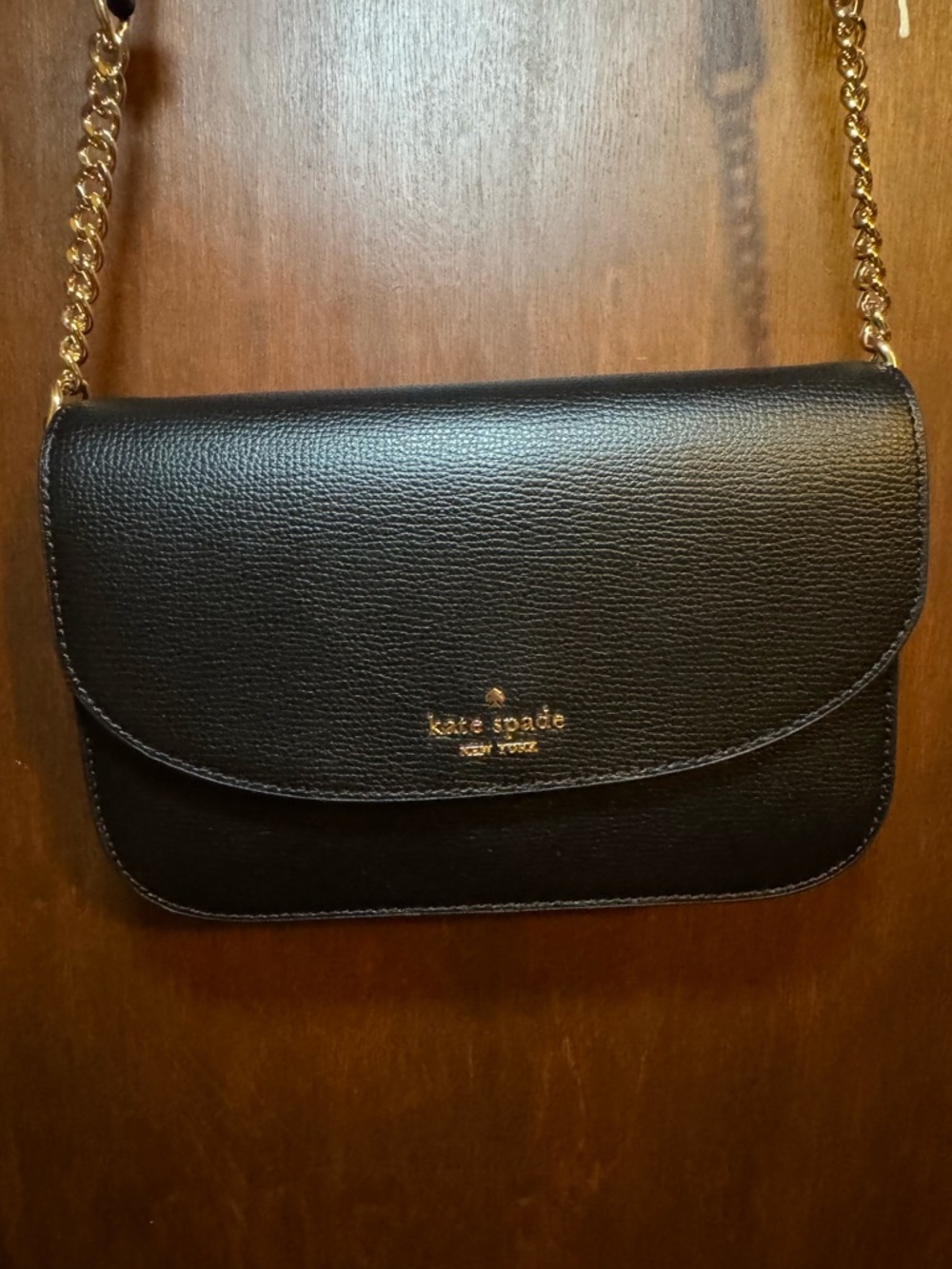 kate spade Kristi Black Leather Crossbody Bag with Gold Chain